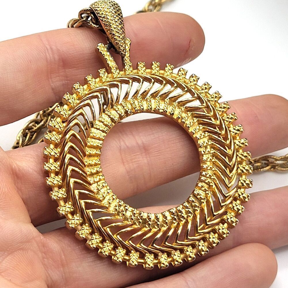 Vintage Gold Plated Vintage Statement Pendant Necklace Double Strand 2in pendant